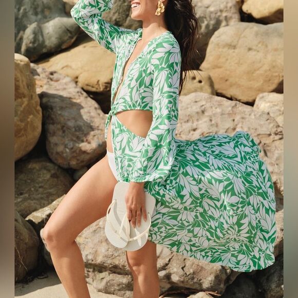 Shade & Shore long sleeve green and white twist front maxi cover up size XL - Picture 4 of 9